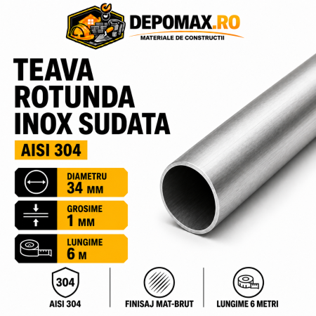 Teava rotunda inox sudata AISI 304, 34 x 1 mm, 6 metri